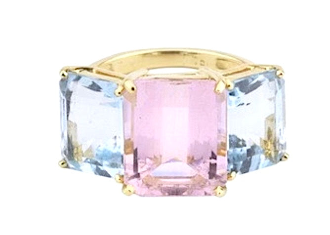 18kt Yellow Gold Mini Emerald Cut Ring with Blue Topaz and Peridot