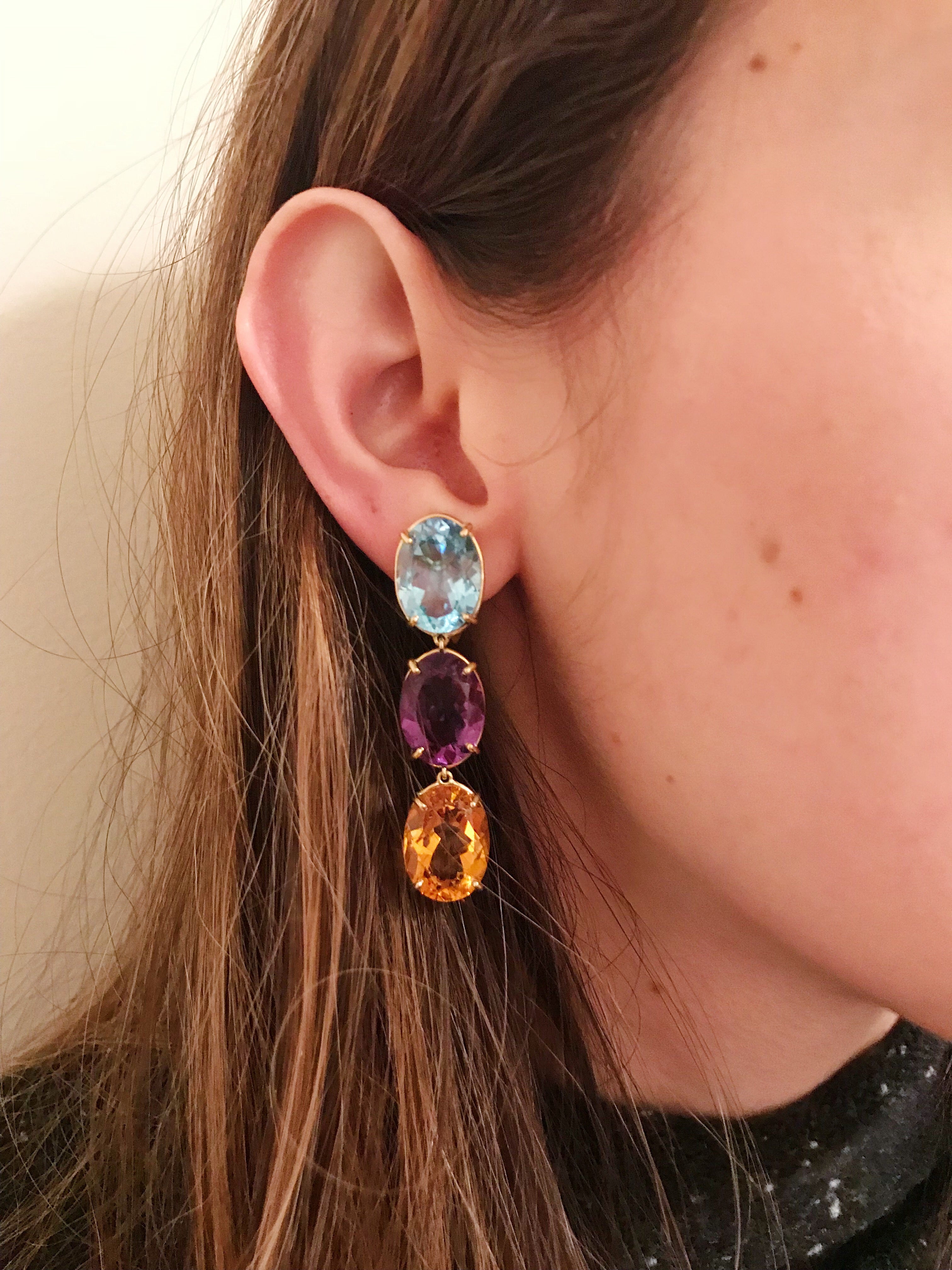 Elegant Three-Stone Drop Earring with Oval Amethyst and Baroque Pearl