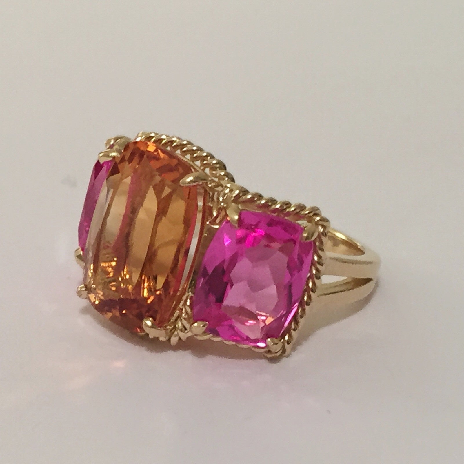 18kt Yellow Gold Blue Topaz and Rock Crystal Three Stone Ring with Rope Twist Border