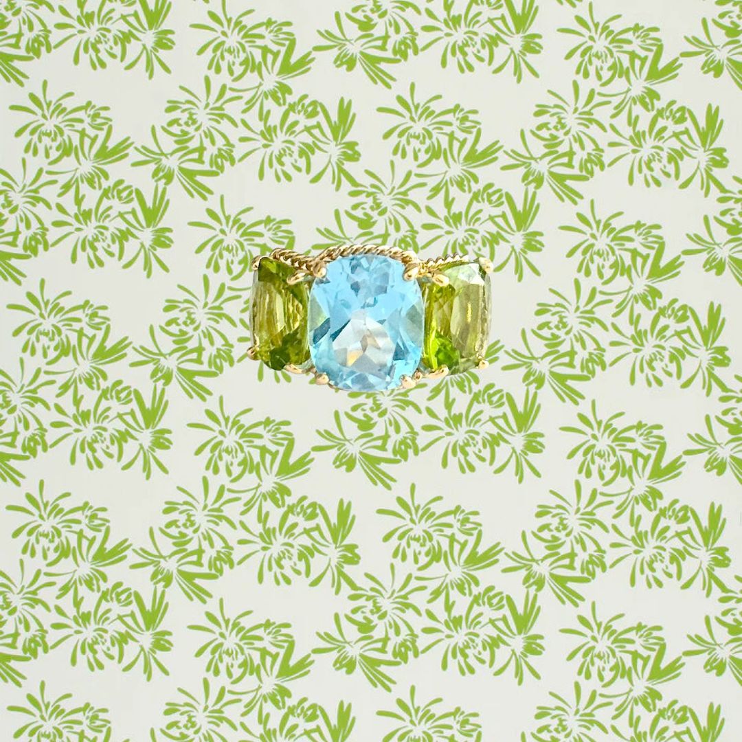 Elegant Three-Stone Ring with Gold Rope Twist Border