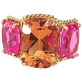Pink Topaz and Rock Crystal Three Stone Ring with Rope Twist Border