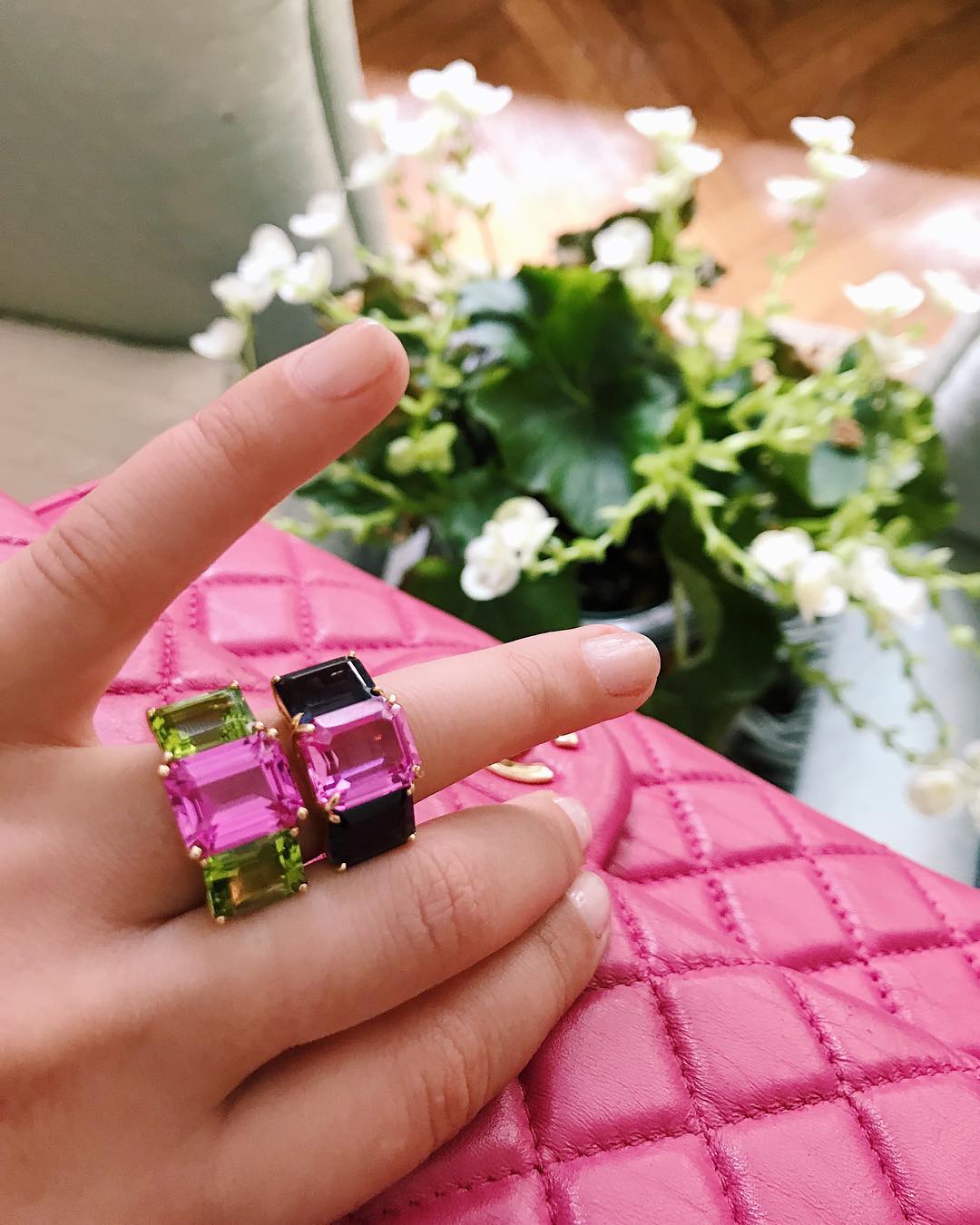 Bright Blue and Bright Pink Topaz Emerald cut three stone ring