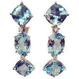 18kt White Gold Blue Topaz and Diamond Three Stone Cushion Drop Earring