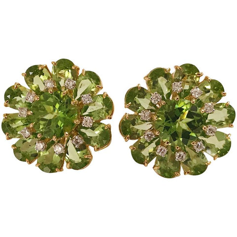 Peridot Diamonds Gold Flower Earrings