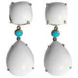 Yellow Gold Pear Drop Earring with White Jade and Bezel Set Turquoise Accent