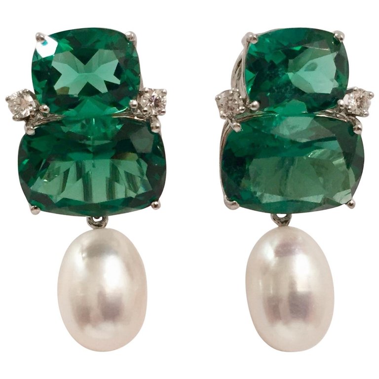Double Cushion Green Quartz Diamond Yellow Gold Earrings