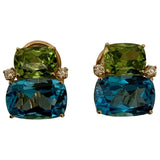 18Kt Yellow Gold Double Cushion Peridot and Blue Topaz Earrings