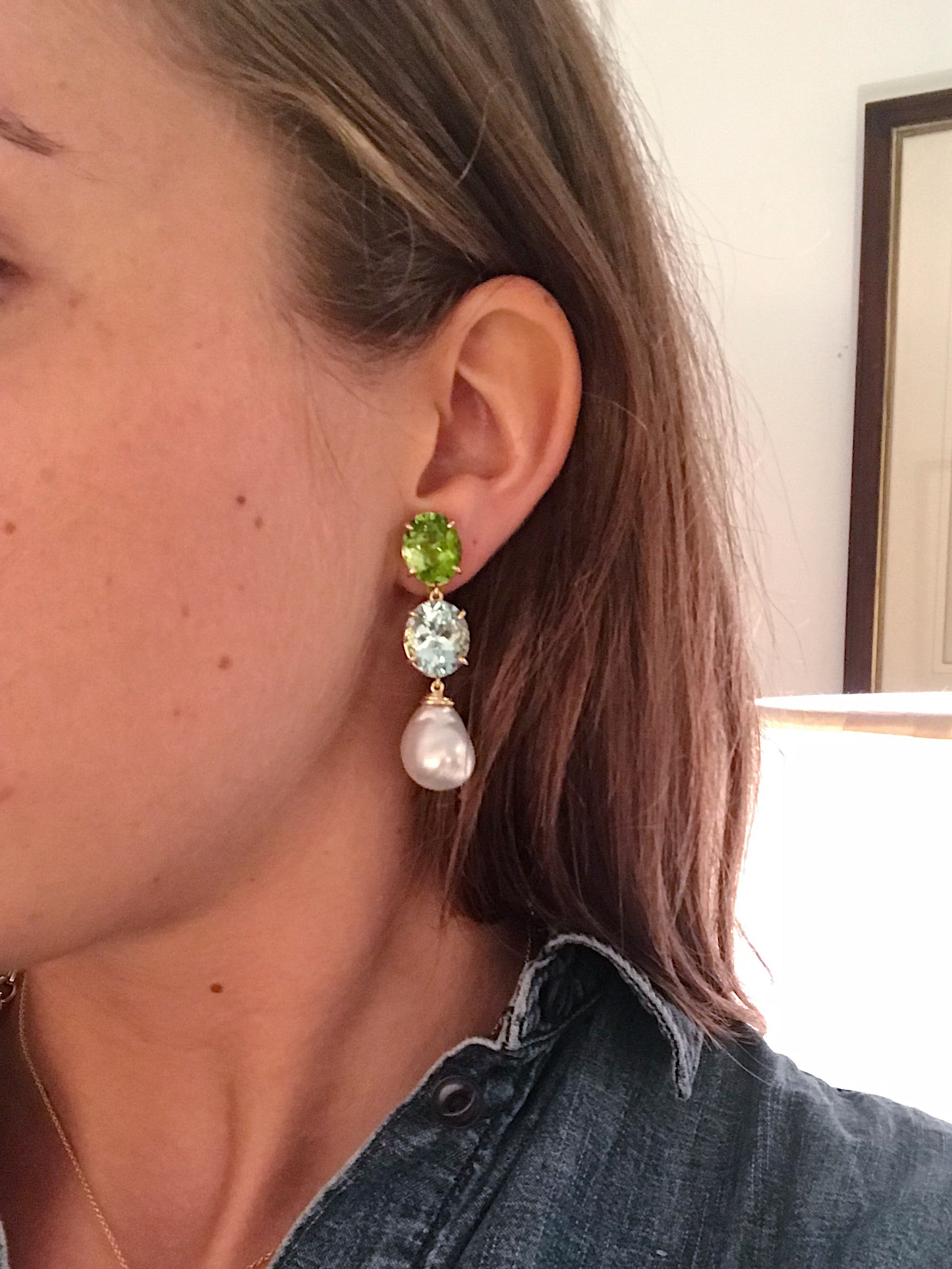 Elegant Three-Stone Drop Earring with Pink Topaz and South Sea Baroque Pearl