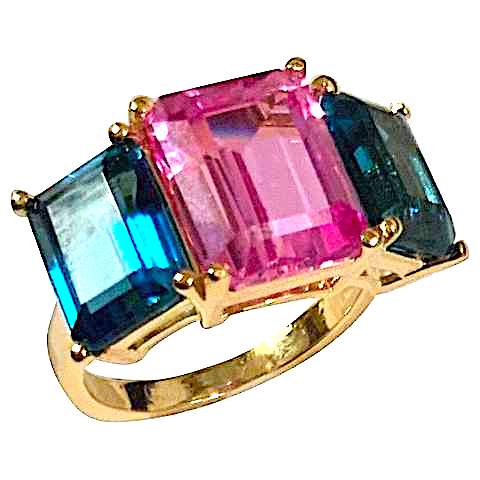 18kt Yellow Gold Mini Emerald Cut Ring with Blue Topaz and Peridot