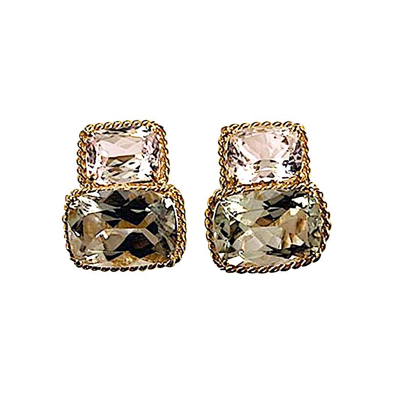 18kt Yellow Gold Cushion Rope Twist Border Earring with Citrine and Smoky Topaz