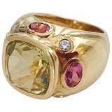Bonheur Ring, Blue Topaz and Pink Topaz and Diamond Yellow Gold Domed Ring