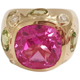Bonheur Ring, Blue Topaz and Pink Topaz and Diamond Yellow Gold Domed Ring