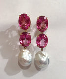 Elegant Three-Stone Drop Earring with Pink Topaz and South Sea Baroque Pearl