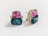Double Cushion Pink and Blue Topaz Stone Diamond Yellow Gold Earrings