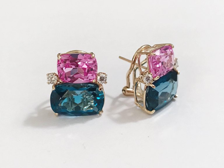 18Kt Yellow Gold Double Cushion Peridot and Blue Topaz Earrings
