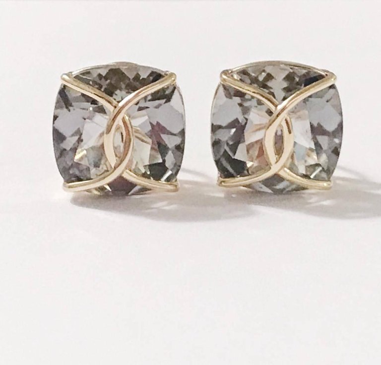 Large Rock Crystal Cushion Stud Earring with Yellow Gold Wire Wrap
