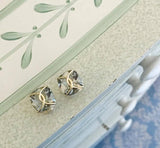 Green Amethyst Cushion Stud Earring with Yellow Gold Wire Wrap