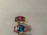 18kt Yellow Gold Mini Emerald Cut Ring with Pink Topaz and Blue Topaz