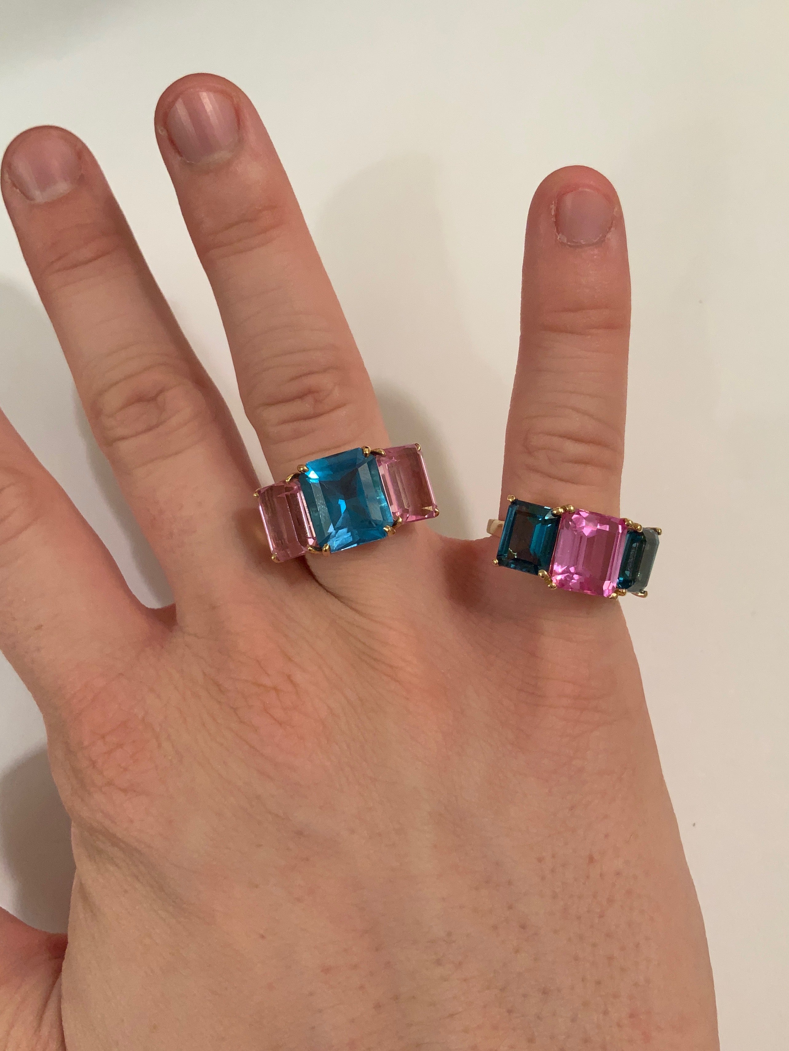 18kt Yellow Gold Mini Emerald Cut Ring with Pink Topaz and Blue Topaz