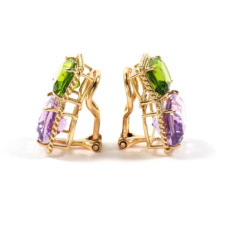 18kt Yellow Gold Medium Double Cushion Cut Earring with Rope Twist Border with Kunzite and Green Amethyst