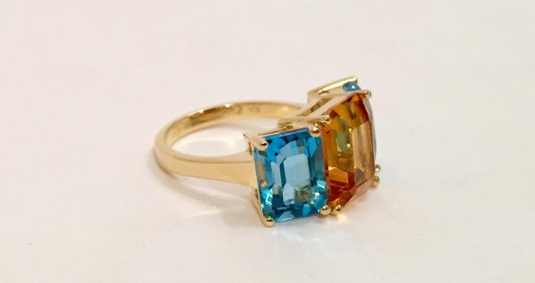 18kt Yellow Gold Mini Emerald Cut Ring with Blue Topaz and Peridot