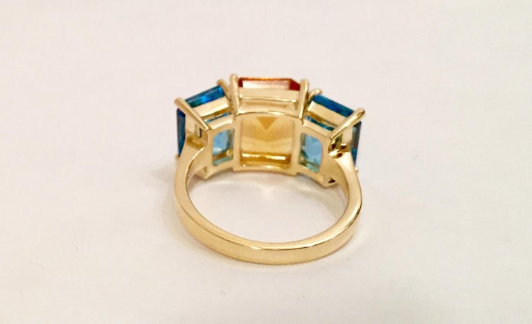 18kt Yellow Gold Mini Emerald Cut Ring with Pink Topaz and Blue Topaz