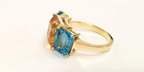 18kt Yellow Gold Mini Emerald Cut Ring with Orange Citrine and Blue Topaz