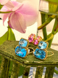 18kt Yellow Gold Medium Cushion Cut Earring with Rope Twist Border with Blue Topaz and Pink Topaz