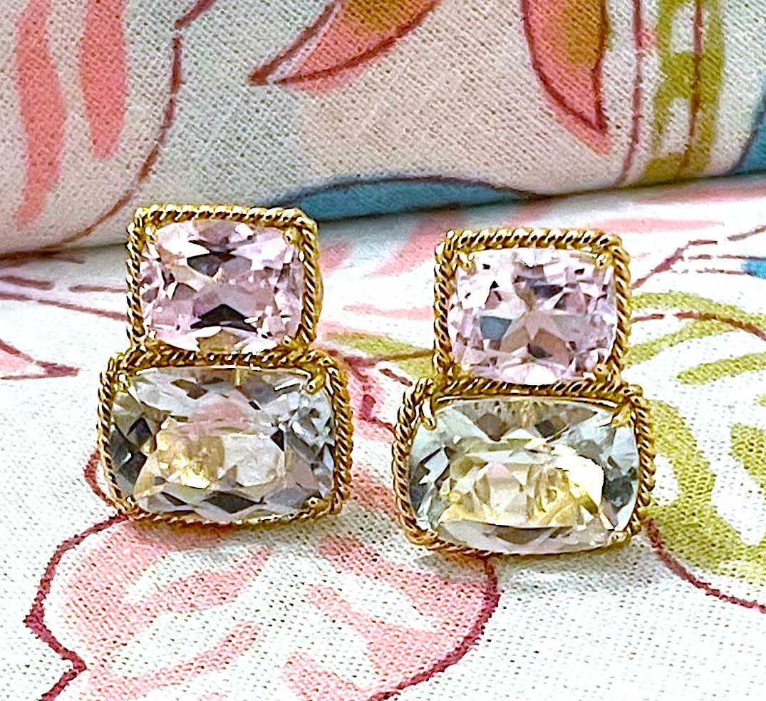 18kt Yellow Gold Medium Double Cushion Cut Earring with Rope Twist Border with Kunzite and Green Amethyst