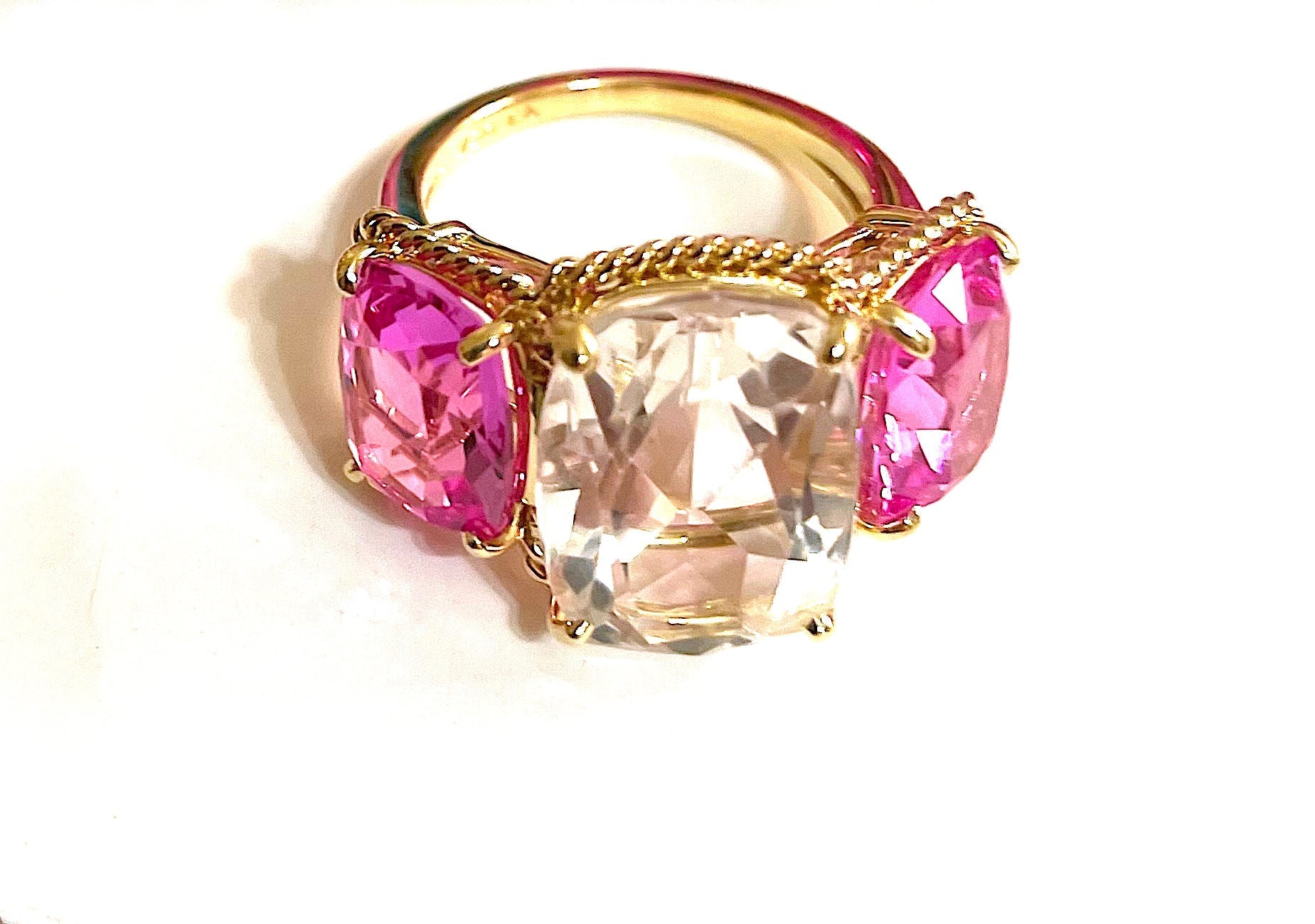 18kt Yellow Gold Three Stone Ring with Pink Topaz and Blue Topaz and Rope Twist Border
