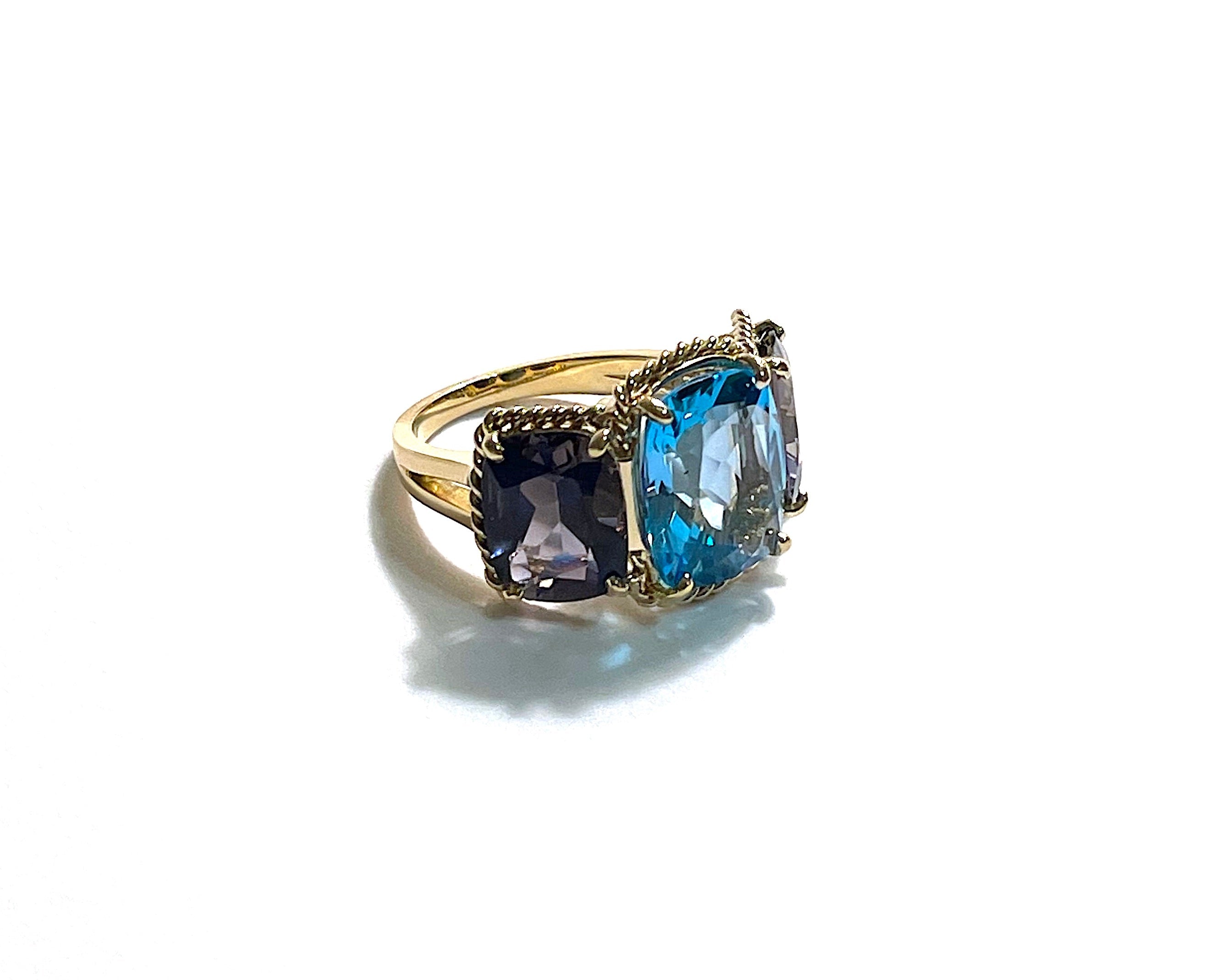 Pink Topaz and Rock Crystal Three Stone Ring with Rope Twist Border