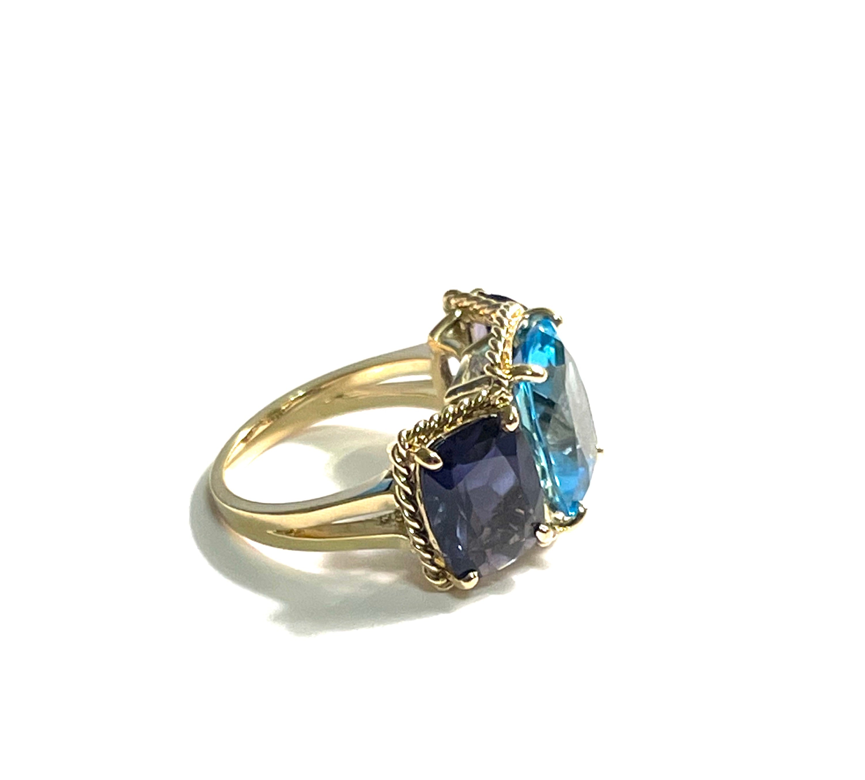 18kt Yellow Gold two tone Pink Topaz Three Stone Ring with Rope Twist Border