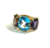 Blue Topaz and Iolite Three Stone Cushion Cut Ring