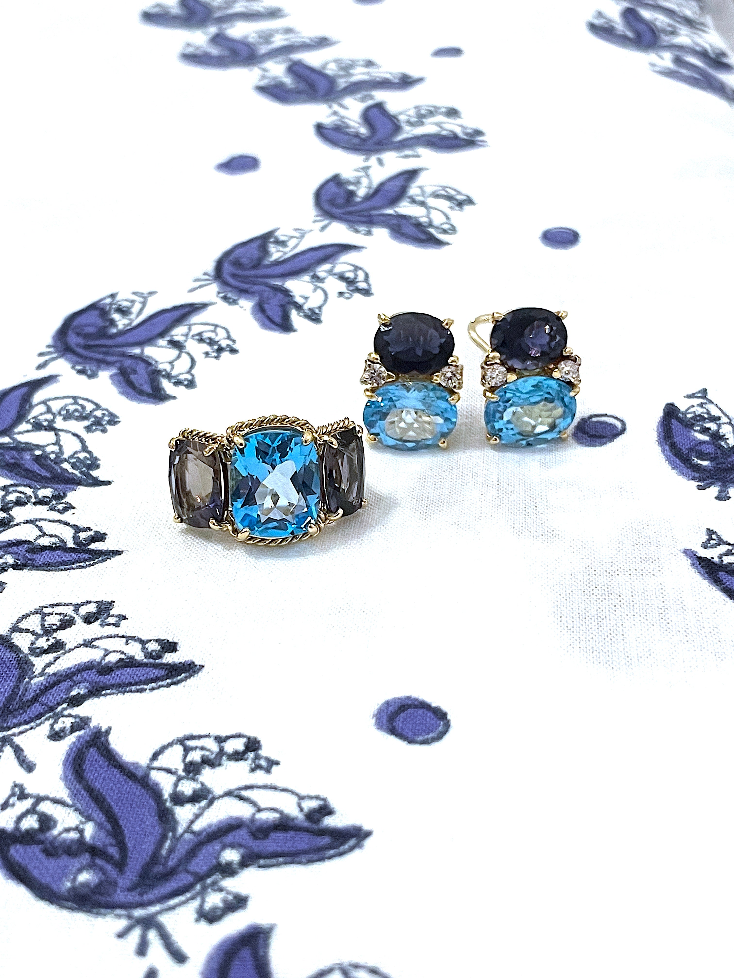 Blue Topaz and Iolite Three Stone Cushion Cut Ring