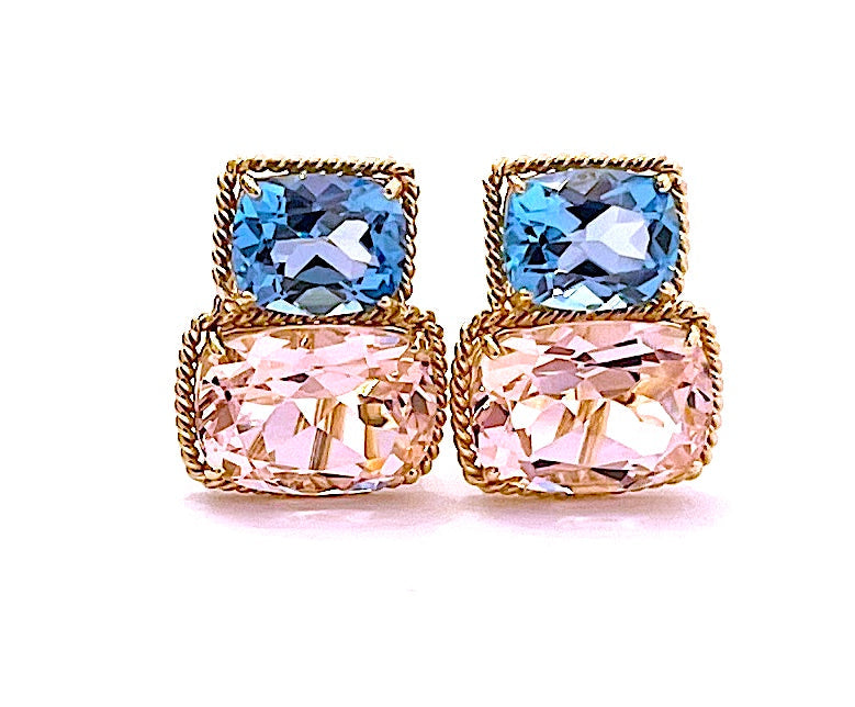 18kt Yellow Gold Cushion Cut Earring with Rope Twist Border with Green Quartz