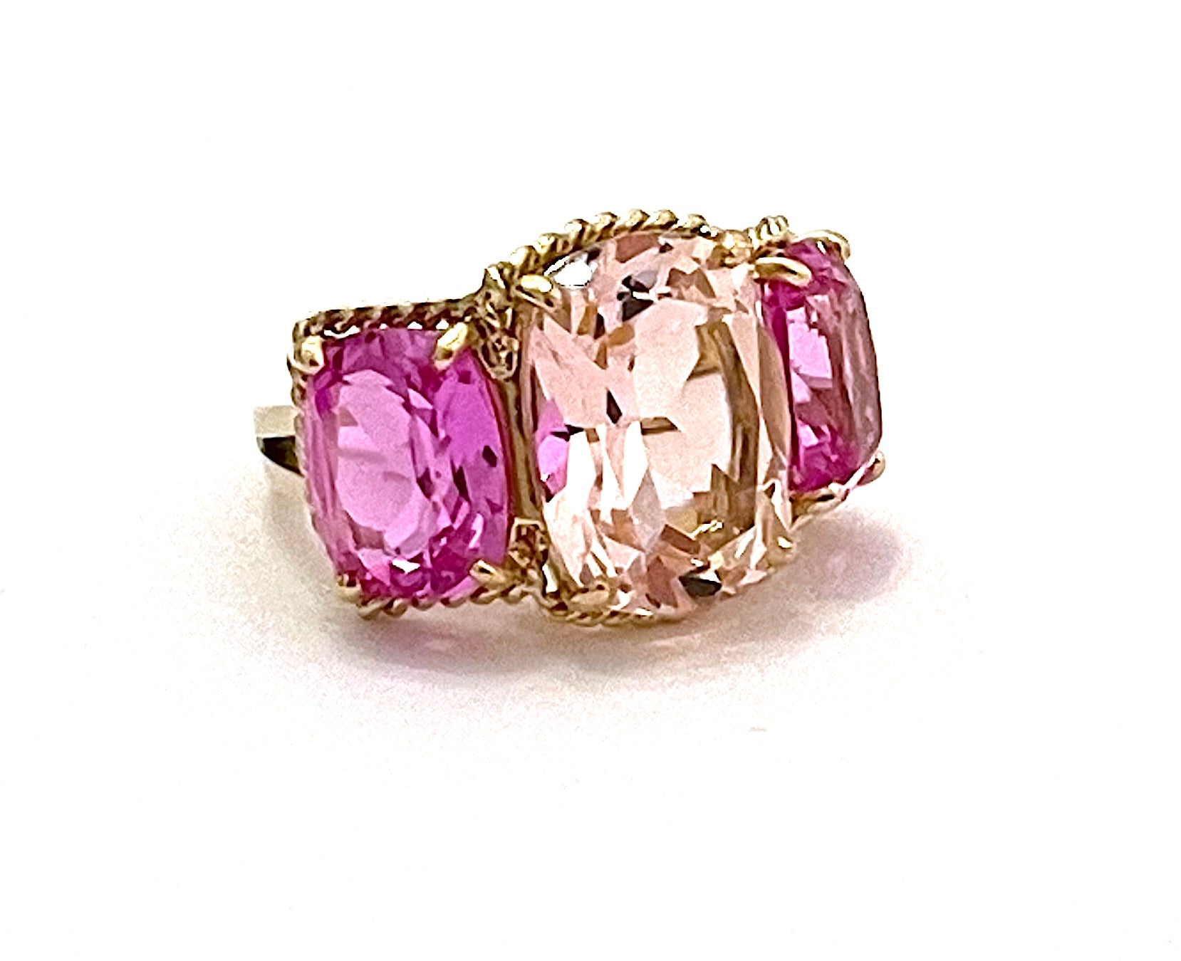 Pink Topaz and Rock Crystal Three Stone Ring with Rope Twist Border