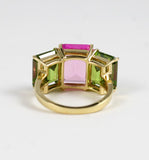 18kt Yellow Gold Emerald Cut Ring with Peridot and Pink Topaz