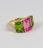 18kt Yellow Gold Emerald Cut Ring with Peridot and Pink Topaz