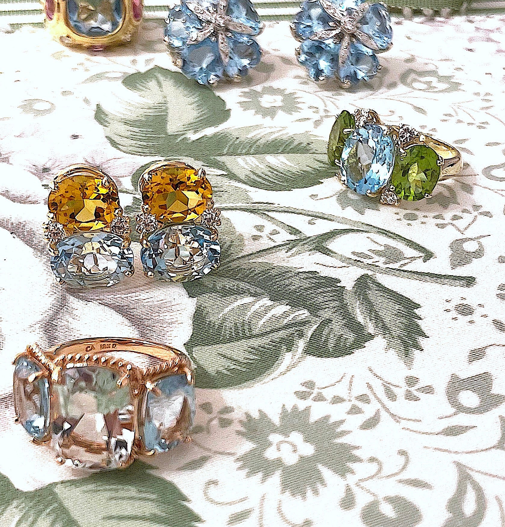 18kt Yellow Gold Medium Cushion Cut Earring with Rope Twist Border with Blue Topaz and Pink Topaz