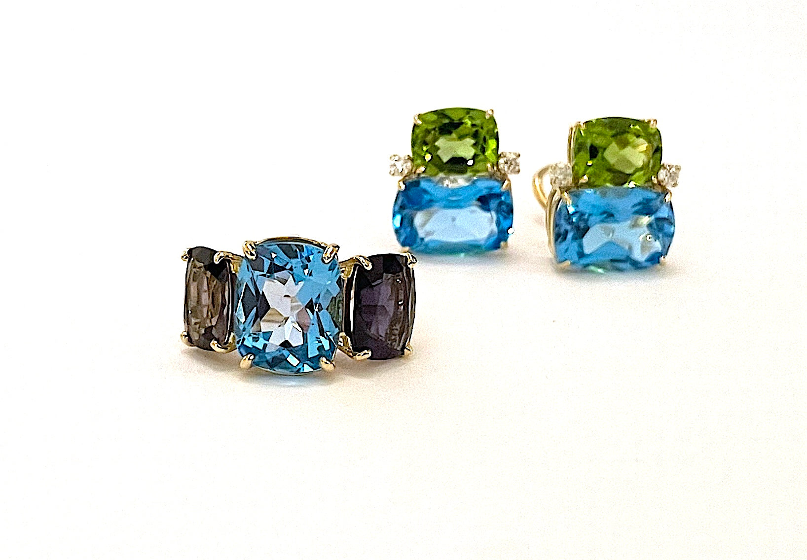Blue Topaz and Iolite Three Stone Cushion Cut Ring