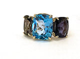 Blue Topaz and Iolite Three Stone Cushion Cut Ring