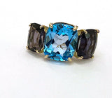 Blue Topaz and Iolite Three Stone Cushion Cut Ring