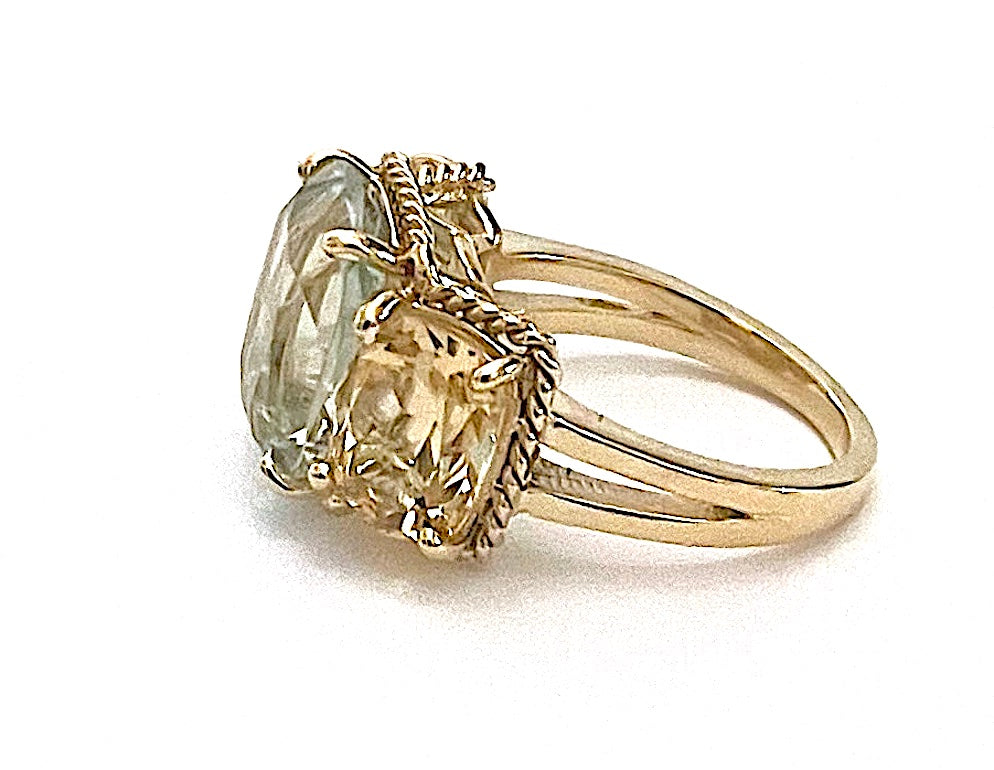 Mini Blue Topaz and Peridot Three Stone Ring with Rope Twist Border