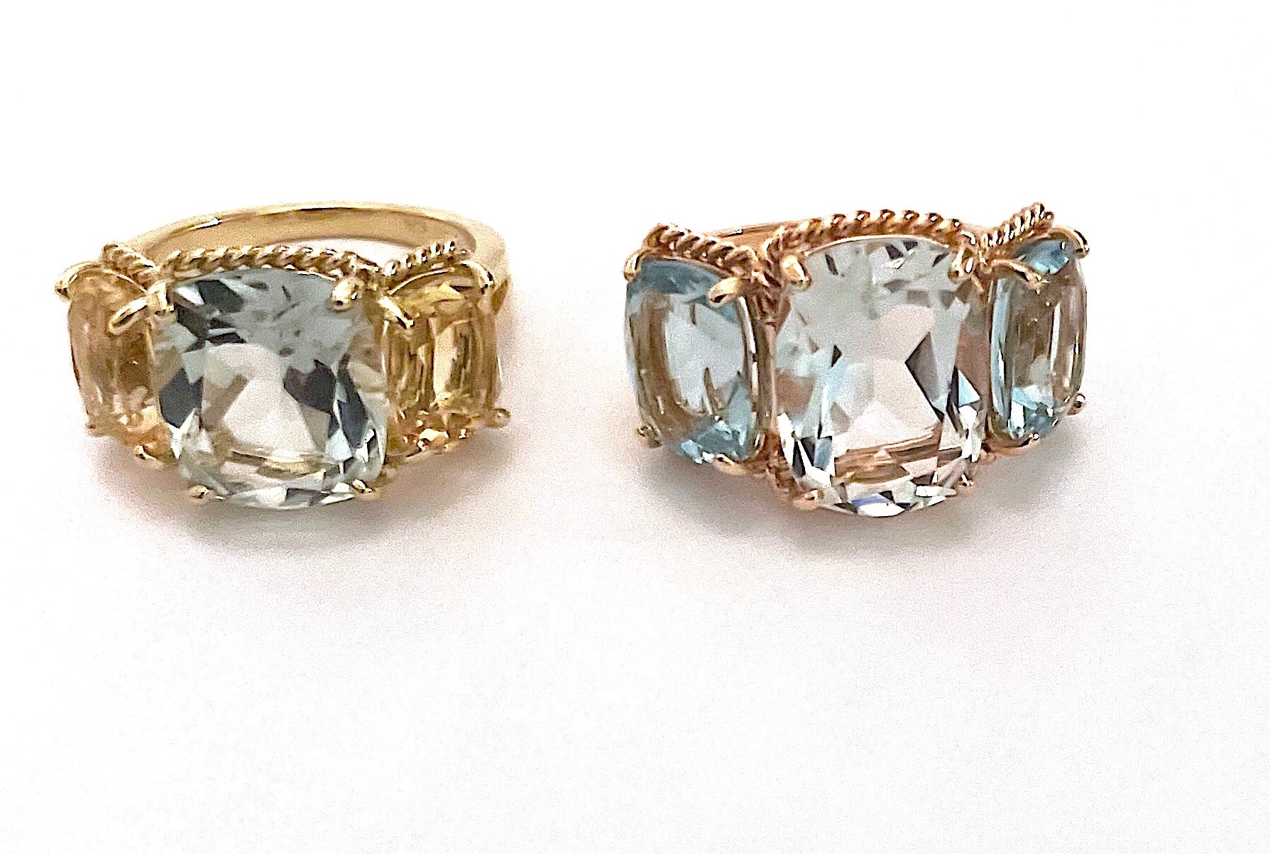 Mini Blue Topaz and Peridot Three Stone Ring with Rope Twist Border