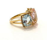Blue Topaz and Iolite Three Stone Ring with Rope Twist Border