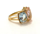 White Gold Blue Topaz and Iolite Three Stone Ring with Rope Twist Border
