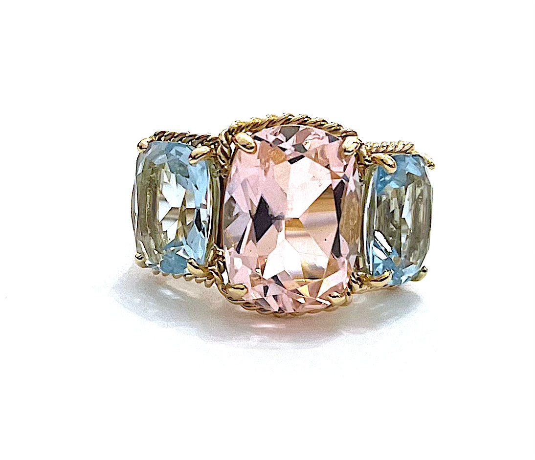 18kt Yellow Gold Light Pink Topaz & Deep Pink Topaz Cushion Cut Earrings with Twisted Rope Border
