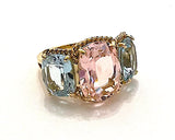 18kt Yellow Gold Three Stone Ring with Pink Topaz and Blue Topaz and Rope Twist Border