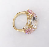 Rock Crystal and Pink Topaz Yellow Gold Three-Stone Cushion Ring