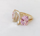 Rock Crystal and Pink Topaz Yellow Gold Three-Stone Cushion Ring